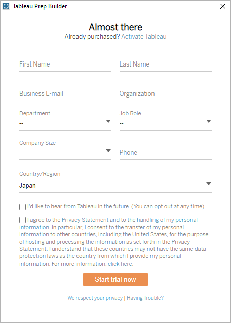 Formulario de registro para la versión de prueba de Tableau Prep Builder.