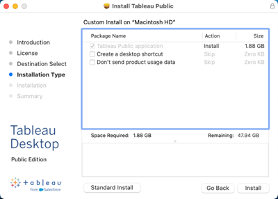 Una pantalla de instalación de Tableau Public que muestra las opciones de instalación.
