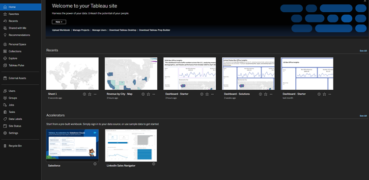 Tema de modo oscuro establecido en una página de inicio de Tableau Cloud.