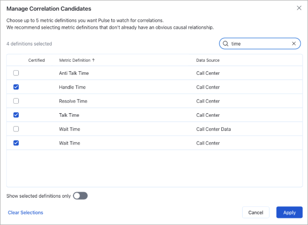Opciones para seleccionar candidatos de correlación