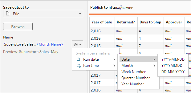 Agregar parámetros del sistema al archivo o al nombre de salida de la fuente de datos publicada para agregar automáticamente una marca de tiempo cada vez que ejecuta el flujo.