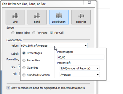 El cuadro de diálogo Editar línea de referencia, banda o cuadro muestra configuraciones para los cálculos de línea de referencia y banda, con las opciones de valor de cálculo para porcentajes resaltadas.
