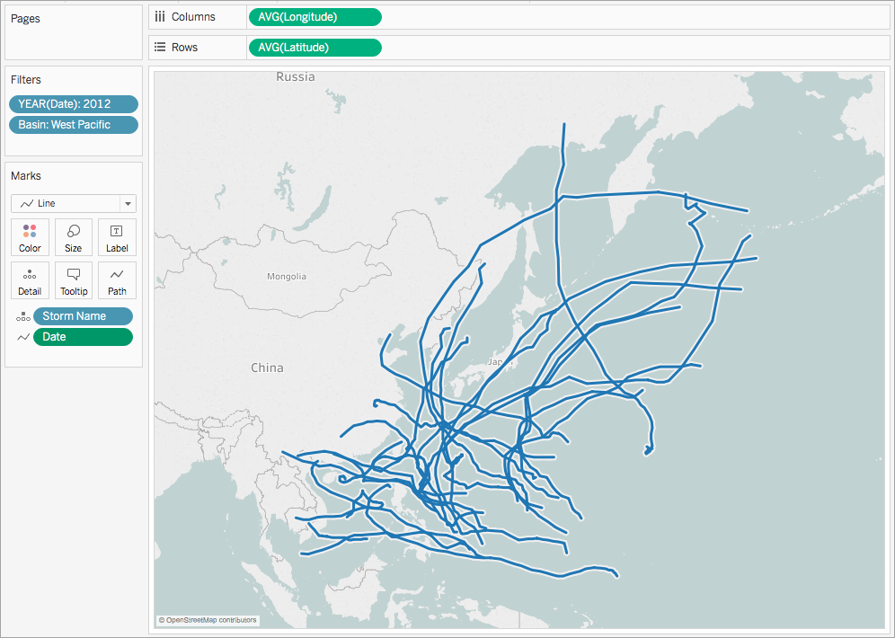 Un mapa de las trayectorias de las tormentas en el este de Asia en 2012.