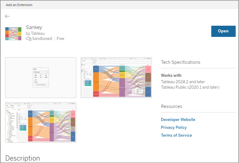 La página de descripción de Tableau Exchange para el diagrama de Sankey, desarrollada por Tableau.]