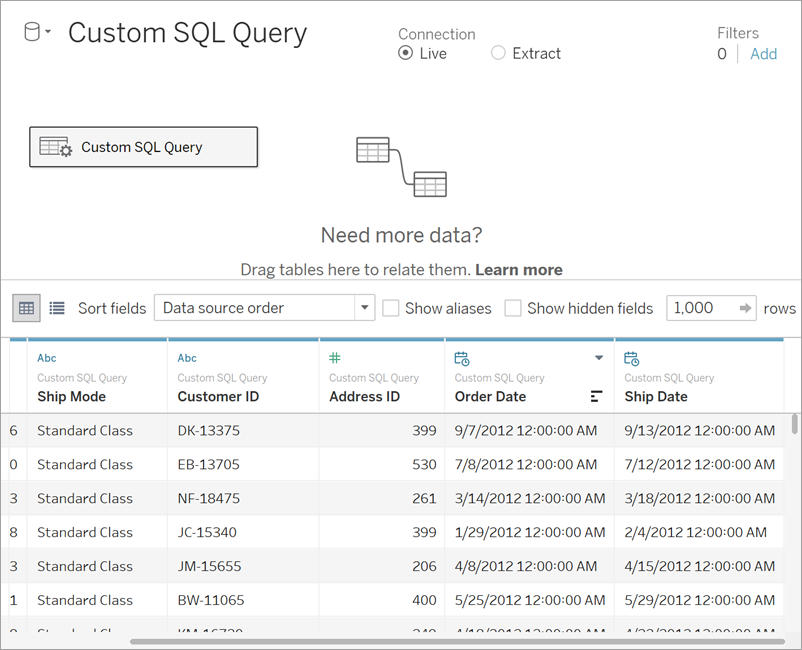 Una vista detallada de una interfaz de consulta SQL personalizada que muestra los filtros y el orden de las fuentes de datos.