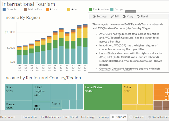 Animación de hacer clic en el icono Configuración en un objeto de historia con datos, configurar controladores de dimensión, configurar controladores de métrica y guardar.
