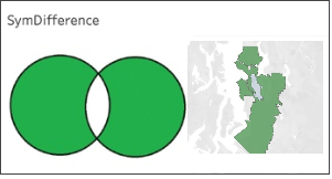 Diagrama de Venn con la porción central descartada junto a un mapa de dos conjuntos de datos espaciales con el área superpuesta descartada.