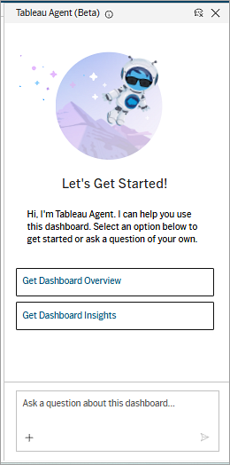 Pantalla de bienvenida de Tableau Agent para consumidores de dashboards.