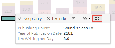 Se selecciona una marca en una visualización y se abre un menú. El icono para Ver datos (una tabla) está resaltado.