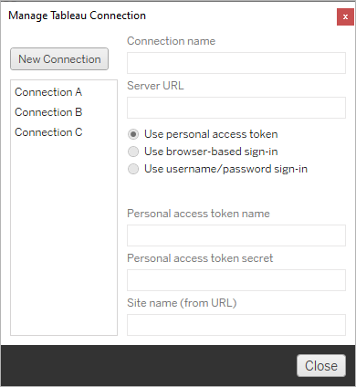Una ventana de administración de conexión de Tableau con opciones para tokens de acceso personal, inicio de sesión basado en navegador e inicio de sesión con nombre de usuario y contraseña.