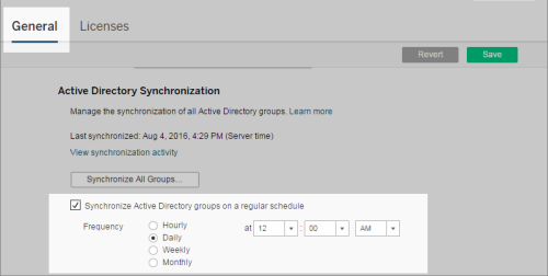 Un formulario con opciones para configurar la sincronización de Active Directory según un programa regular.