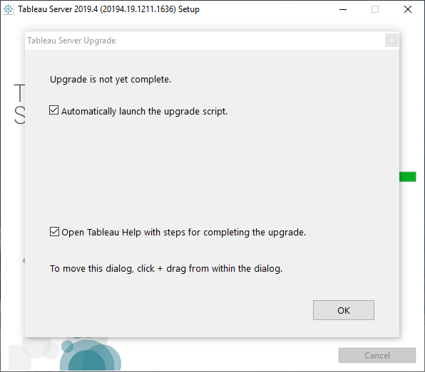 Un cuadro de diálogo que indica que la actualización de Tableau Server aún está en curso.