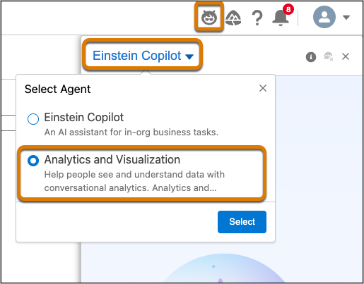 El menú desplegable de Einstein Copilot está abierto y el menú Seleccionar agente tiene Análisis y Visualización resaltados.