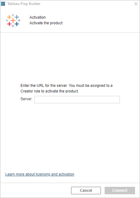Écran d’activation de Tableau Prep Builder avec une invite de l’URL du serveur pour activer le produit.