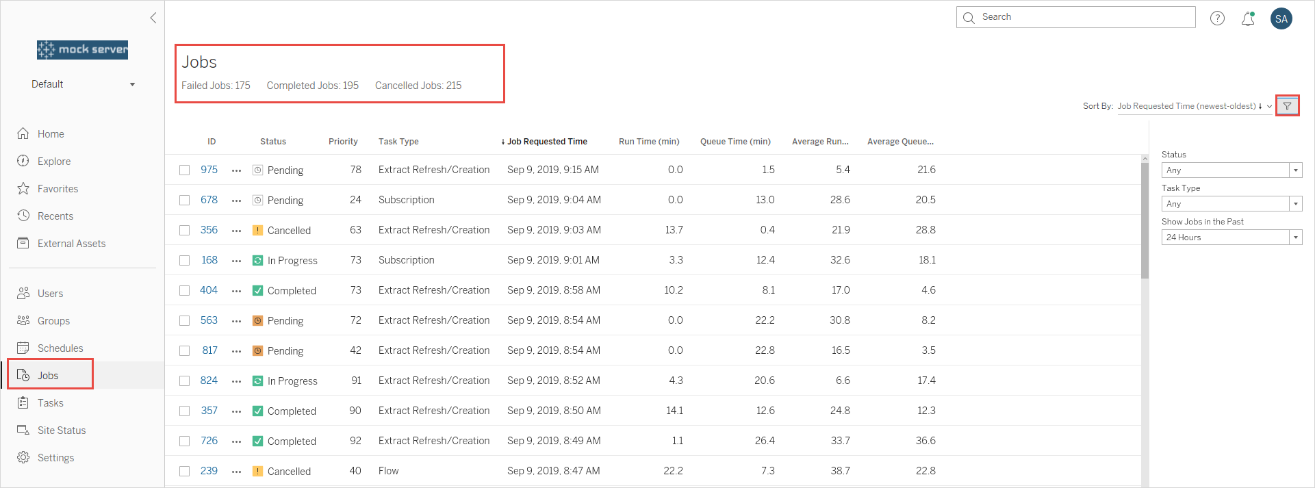 Page des tâches affichant le nombre de tâches ayant échoué, terminées et annulées, ainsi que l’emplacement de l’icône de filtre des tâches.