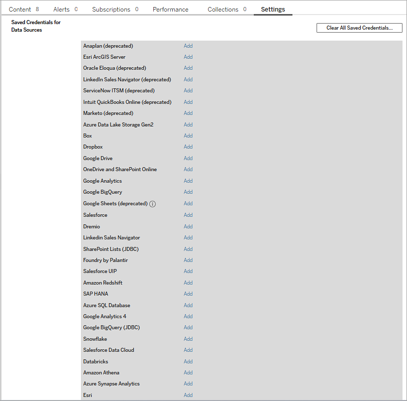 L’onglet Paramètres du compte sur le serveur affichant une liste de sources de données et de boutons pour ajouter vos identifiants.