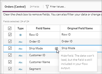 Une table de données et un curseur survolant une icône pour masquer un champ.