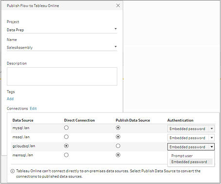 La boîte de dialogue Publier un flux sur Tableau Online avec les paramètres de connexion.