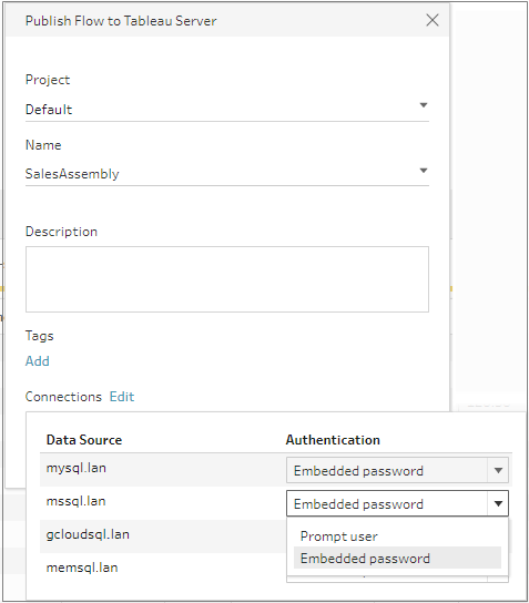 La boîte de dialogue Publier un flux sur Tableau Online avec les paramètres de connexion. Un mot de passe intégré est sélectionné.