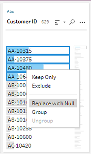 Sélectionnez Remplacer par Null pour remplacer les valeurs par une valeur Null.