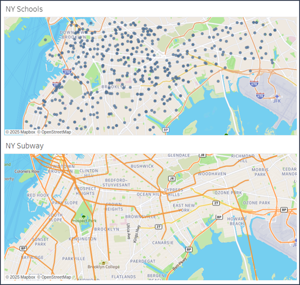 Deux cartes sur un tableau de bord. L’une affiche les écoles de New York et l’autre le métro de New York. Le cadrage des deux cartes est le même, et comme les vues cartographique sont synchronisées, l’utilisation du paramètre de vue cartographique sur l’une entraîne également un zoom/panoramique sur l’autre.