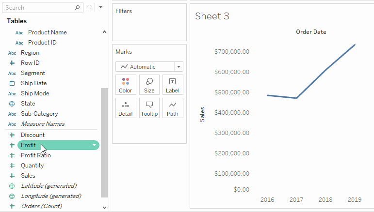 Le glissement d’un champ dans une visualisation.