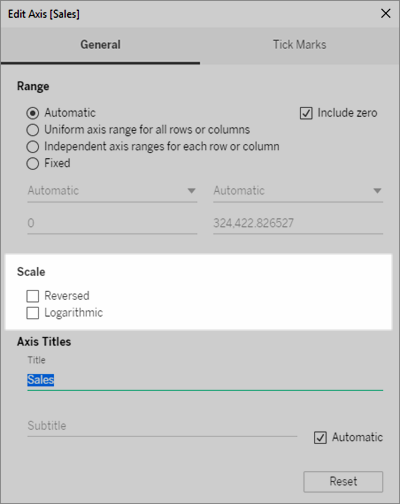 Boîte de dialogue Modifier l’axe avec les paramètres de modification de l’échelle de l’axe (inverse et logarithmique) mis en surbrillance.