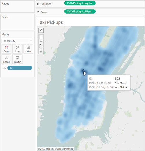 Une carte de Manhattan affichant une carte de densité des lieux d’embarquement pour les taxis.