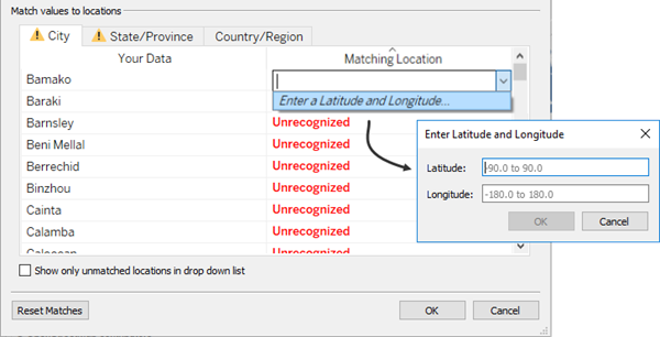 Boîte de dialogue Entrer une latitude et une longitude pour les données géographiques non reconnues.