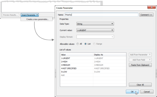 La liste déroulante Insérer un paramètre s’est développée et la boîte de dialogue Créer un paramètre s’est ouverte pour créer un paramètre avec une liste de valeurs.