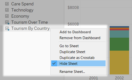 Option pour masquer une feuille sur un tableau de bord.