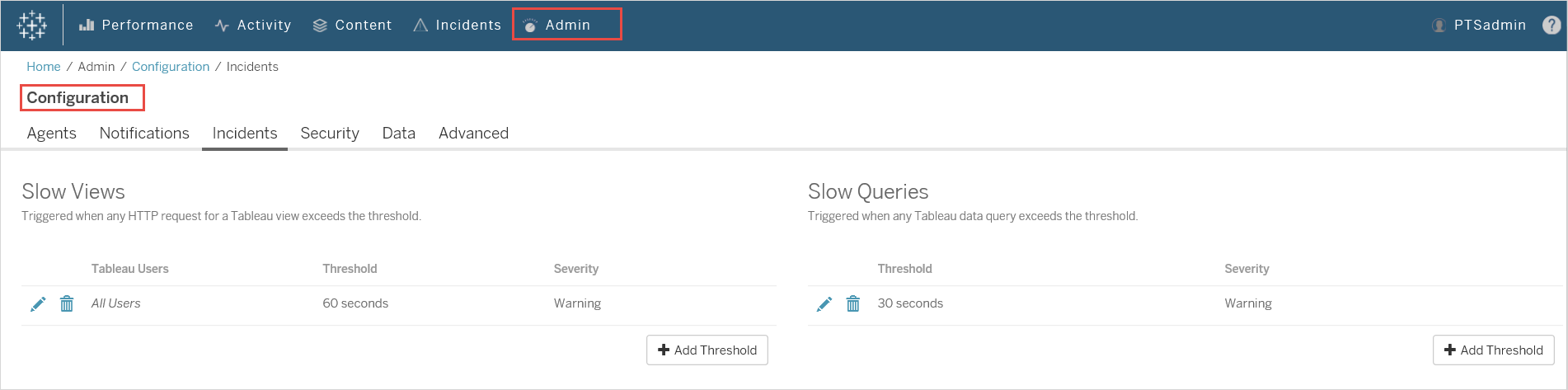 Le menu de configuration pour les vues et les requêtes lentes.