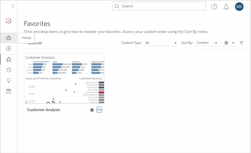 Accédez aux classeurs préférés dans l’onglet Accueil de Tableau Cloud.