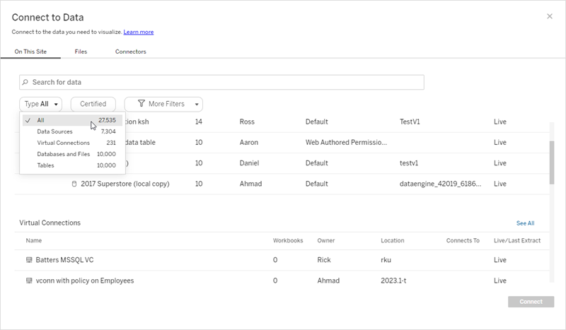 Connectez-vous aux données sur Tableau Cloud avec des options de connexion à des sources de données, des connexions virtuelles, des bases de données et des fichiers ou des tables.