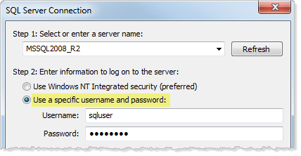 Volet de configuration de la connexion au serveur SQL où est sélectionnée l’option de connexion au serveur avec un nom d’utilisateur et un mot de passe spécifiques.