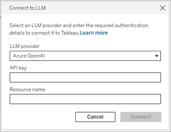Boîte de dialogue Connexion au GML pour Tableau Server et Azure OpenAI.