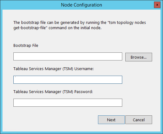 Une fenêtre de configuration avec des champs vides pour le fichier bootstrap, le nom d’utilisateur&nbsp;TSM et le mot de passe&nbsp;TSM.