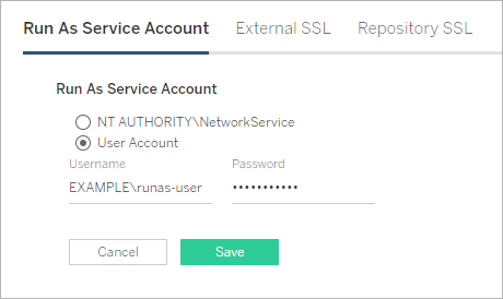 Fenêtre de configuration du compte Exécuter en tant que service de Tableau Server Manager avec un compte utilisateur sélectionné.