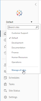 Menu de site avec sélection de l’option Gérer tous les sites.