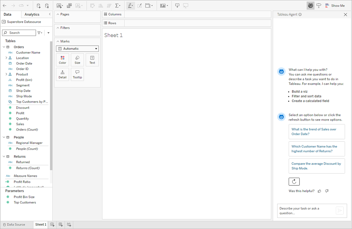 Un espace de travail vierge avec le volet Tableau Agent ouvert affichant le bouton Suggestions.