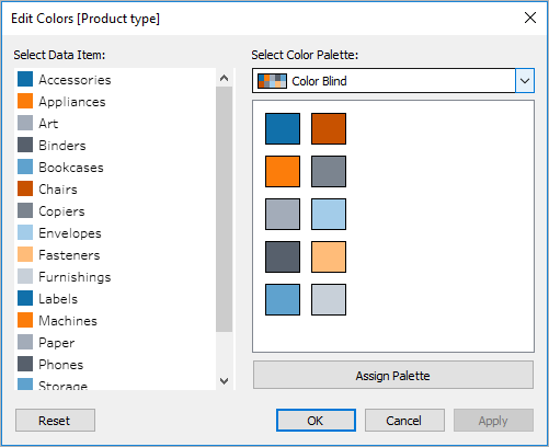 Une boîte de dialogue de modification des couleurs avec sélection de la palette daltonienne, vous permettant de choisir un élément de données et une couleur à appliquer à l’élément sélectionné.