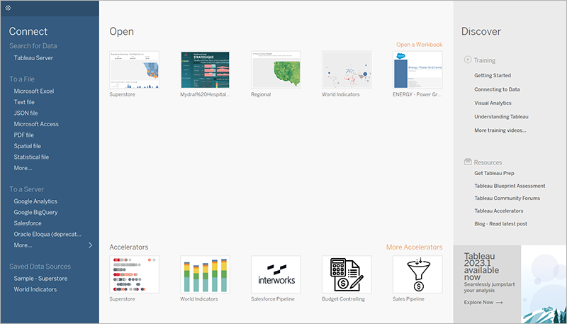 Une interface Tableau affichant les différentes options de connexion, d’ouverture et de découverte de données et de ressources.