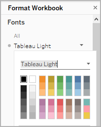 Une boîte de dialogue affichant une gamme de couleurs de police dans la palette claire Tableau.