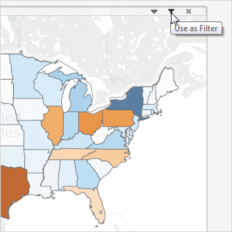 Une carte du nord-est des États-Unis dans Tableau Desktop affichant des États codés en bleu et orange avec la possibilité de les utiliser comme filtre.