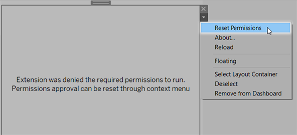Menu contextuel pour réinitialiser les autorisations d’une extension sur un tableau de bord.