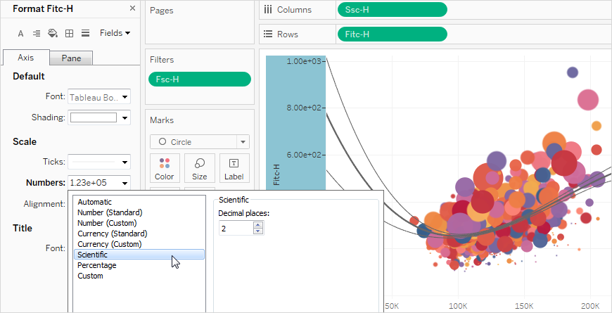Volet de mise en forme avec des options permettant de sélectionner le nombre de décimales pour les nombres scientifiques.