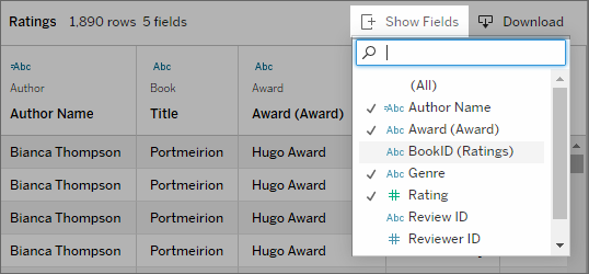 Le bouton Afficher les champs est sélectionné et les valeurs sont répertoriées. Certains champs sont cochés.