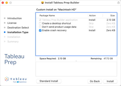 Opzioni del pacchetto di installazione personalizzato di Tableau Prep Builder per Mac.