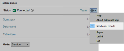 Il menu delle impostazioni di Tableau Bridge offre l'opzione per inviare segnalazioni di errori.