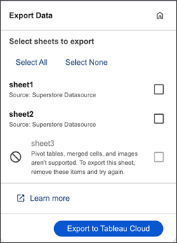 Finestra di dialogo Esporta dati per l’add-on Tableau per Google Workspace.